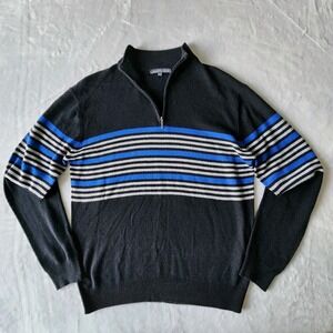Stockhomme Knit‎ Sweater Mens Medium Black White Blue Stripe Argyle Pullover Zip